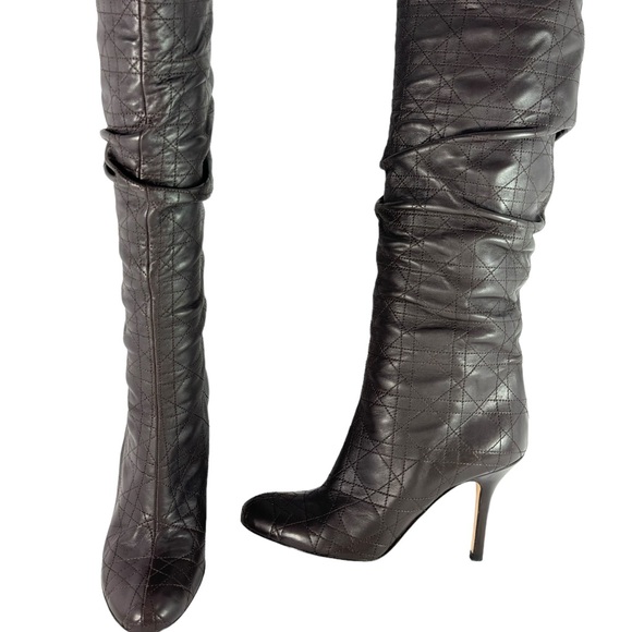 CHRISTIAN DIOR Quilted Brown Leather Cannage Slouch Women's Boots 37.5 - 7.5 US - Picture 7 of 15